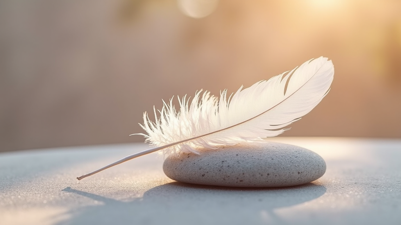 Plume blanche sur une pierre, lumière dorée