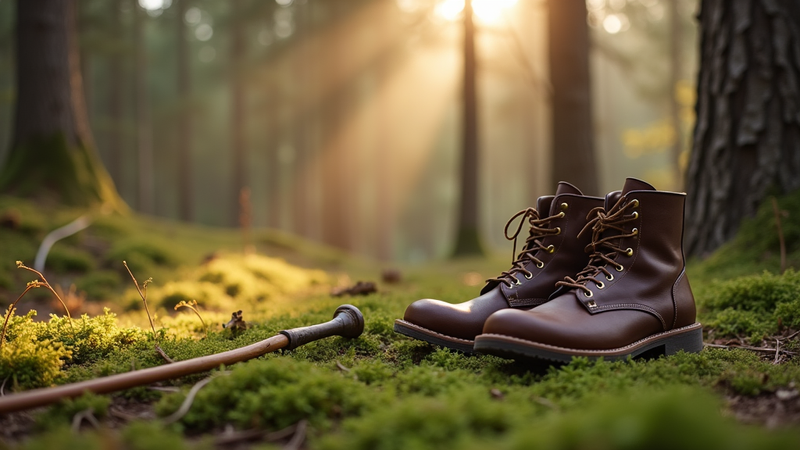 Bottes de randonnée et bâton sur mousse en forêt au soleil