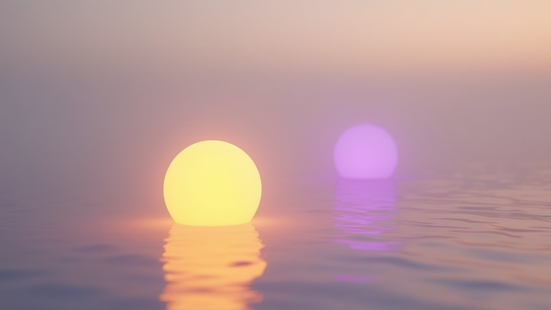 Deux orbes lumineuses, jaune et violette, flottant sur l'eau.