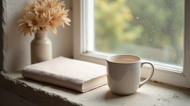 Tasse de café, livre et fleurs sur un rebord de fenêtre.