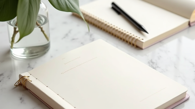 Cahiers ouverts, stylo et plante
