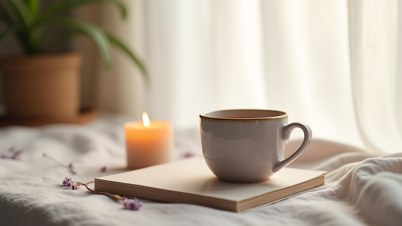 Tasse sur un livre, bougie allumée, près d'une fenêtre.