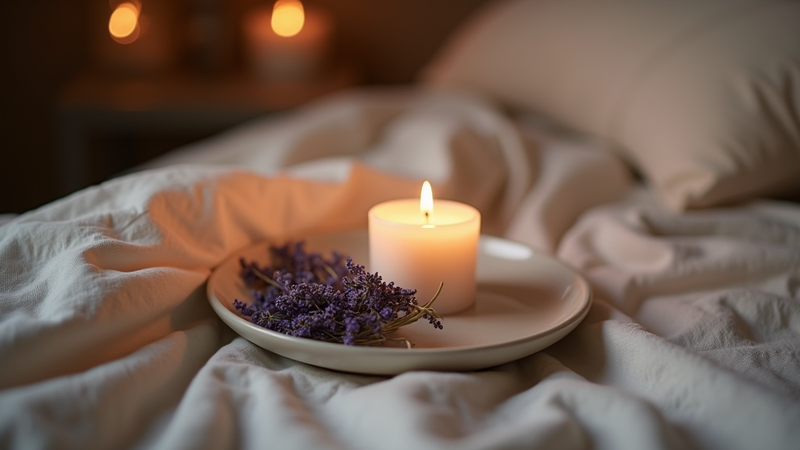 Bougie allumée et lavande sur un lit