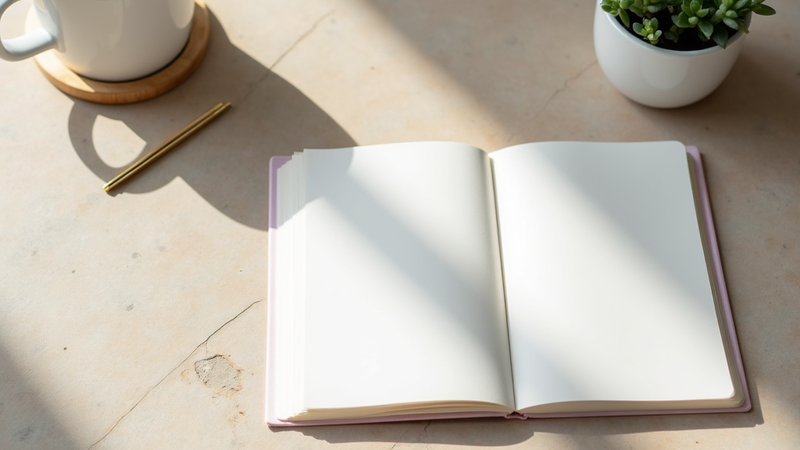 Carnet vierge sur bureau ensoleillé avec tasse