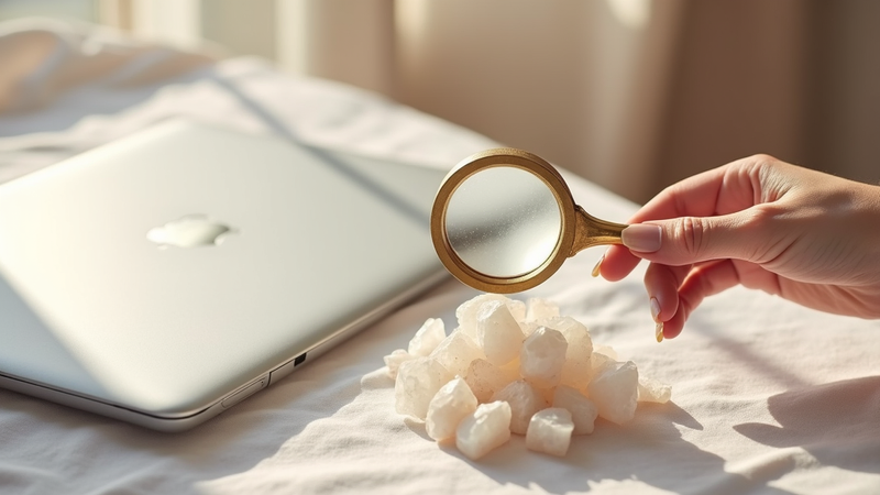 Loupe examinant des cristaux près d'un laptop