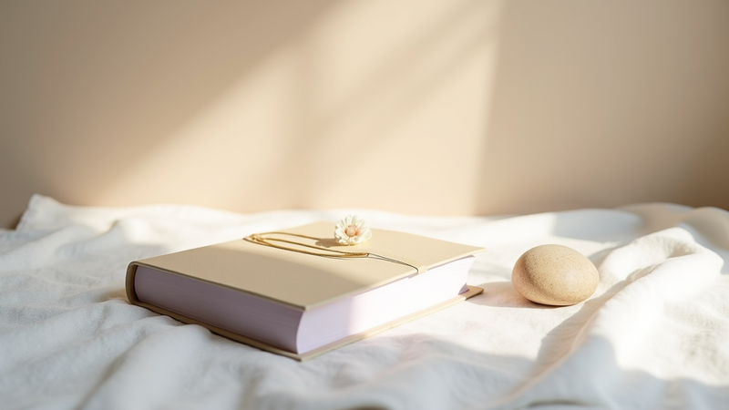 Livre et pierre sur tissu blanc, lumière douce