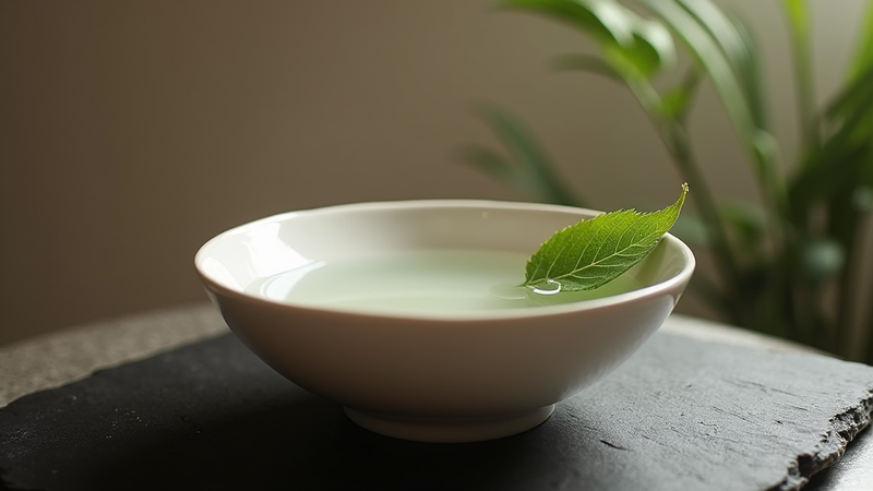 Bol blanc avec feuille verte flottant sur l'eau