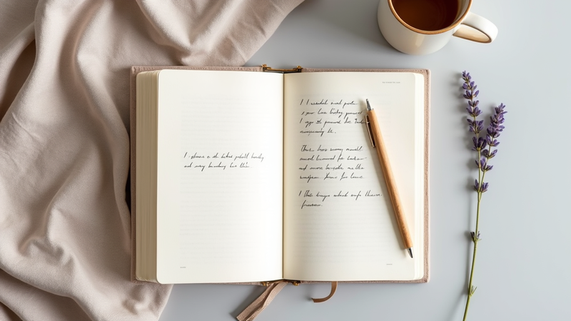 Carnet ouvert avec un crayon, du café et un brin de lavande