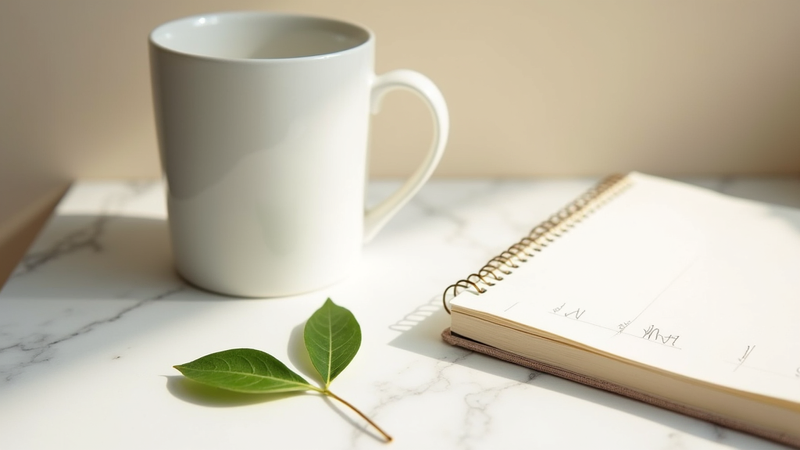 Tasse blanche, carnet ouvert et feuille sur marbre.
