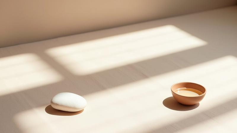 Galet blanc et bol de liquide éclairés par le soleil