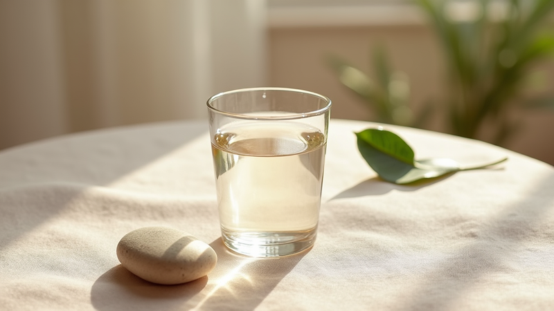 Verre d'eau, pierre et feuille sous la lumière du soleil