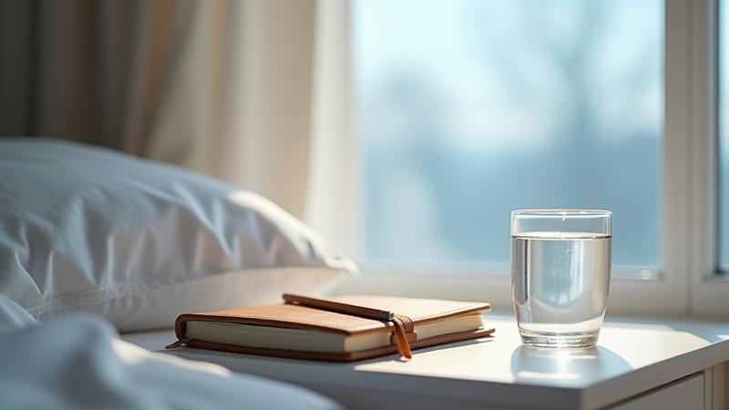 Carnet et verre d'eau sur table de chevet.