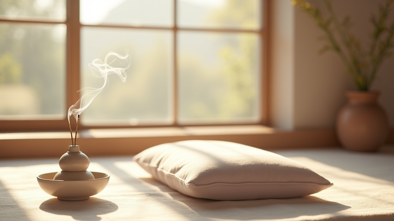 Brûleur d'encens, fumée et coussin de méditation devant une fenêtre.