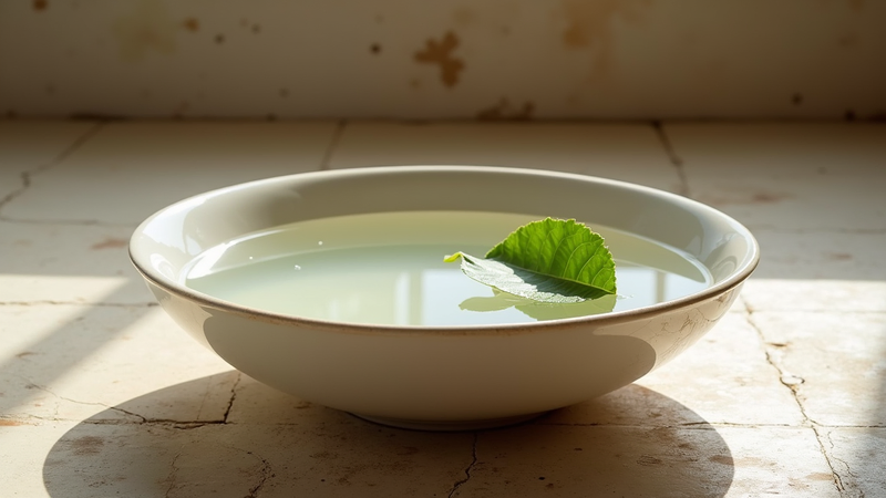 Bol d'eau avec feuille flottante