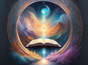 На изображении представлена открытая книга, из которой исходит яркий луч света, достигающий небес. Вокруг книги раскинулись абстрактные горные пейзажи, наполненные мягкими цветами и плавными линиями. В центре композиции — светящийся шар, символизирующий знание и мудрость. Над ним виден полукруглый элемент, создающий ощущение глубины и пространства. Фон излучает космическую атмосферу с звездами и мягкими облаками, создавая ощущение магии и бесконечности. Вся сцена приглашает зрителя погрузиться в мир открытий и духовного роста.