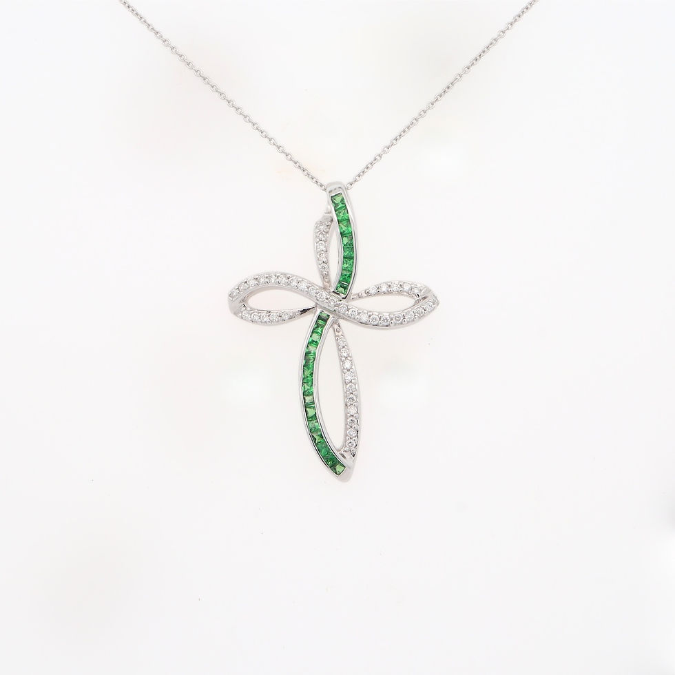 Open swirl cross pendant with gemstone and diamond in fine gold