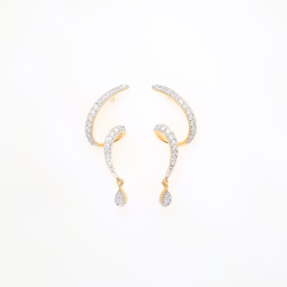 Thumbnail: Curved pavé diamond ear climber earrings with pear drop in fine gold