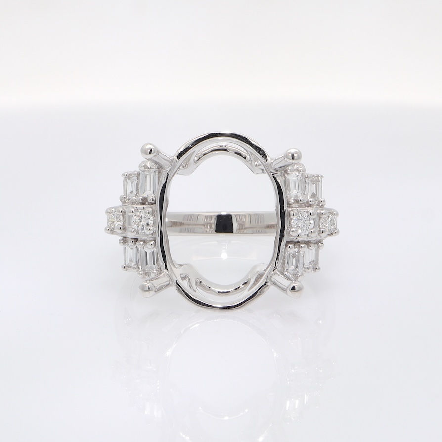 Bold Art Deco oval engagement ring setting with wide mixed-cut diamond shoulders in fine gold.