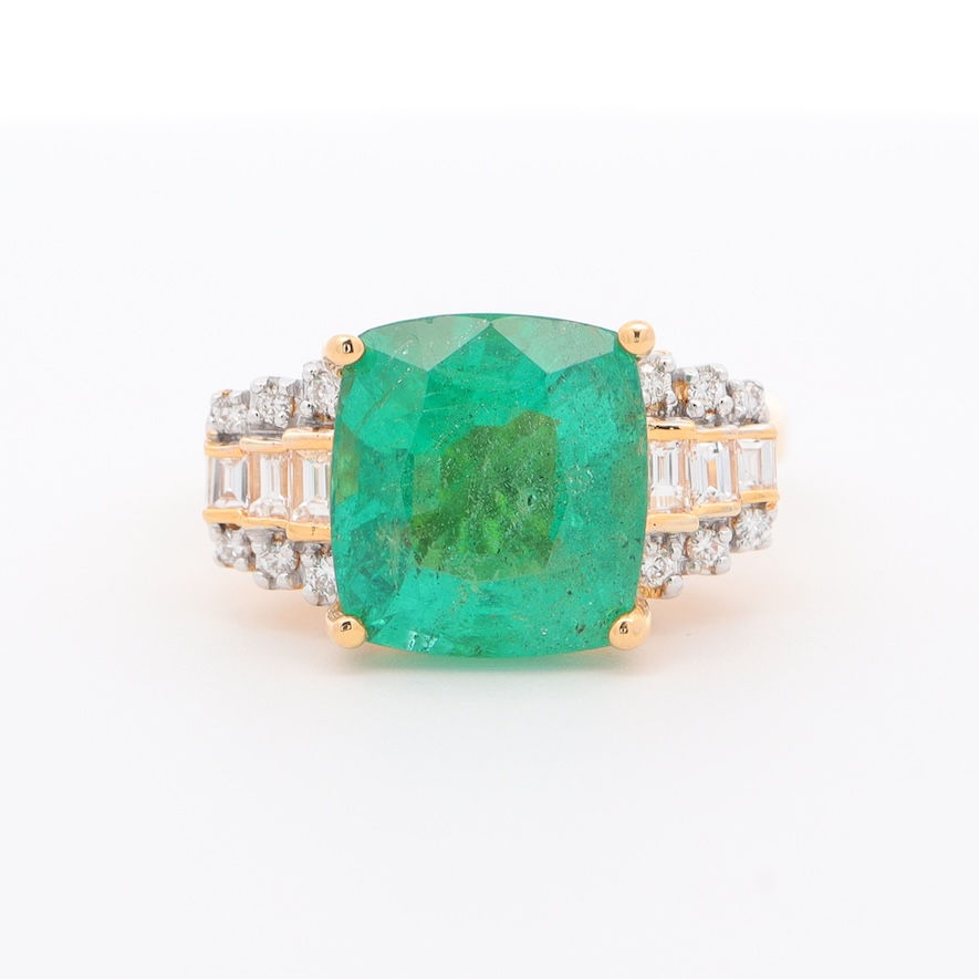 Bold statement diamond ring setting with architectural clusters of baguette and round diamonds.