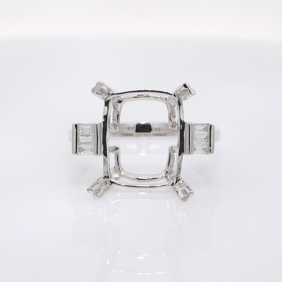 Art Deco diamond engagement ring setting with three-stone baguette diamond accents in fine gold.