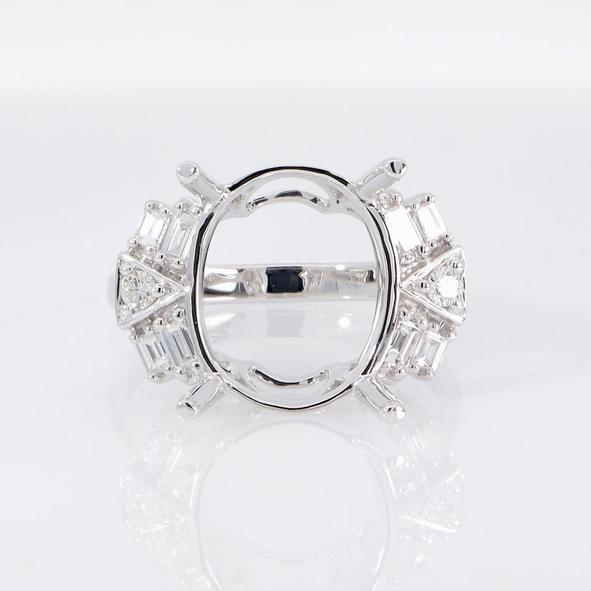 Thumbnail: Art Deco engagement ring setting with geometric mixed-cut diamond clusters in fine gold.