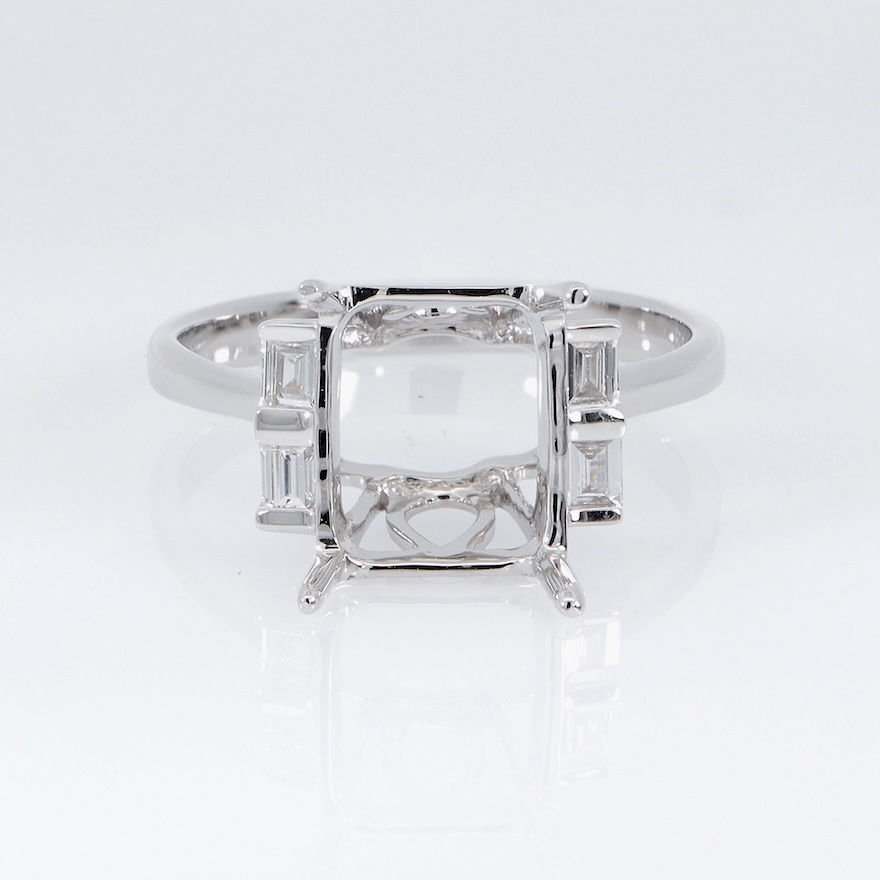 Thumbnail: Three-stone baguette diamond engagement ring semi-mount in fine gold for custom jewelry.