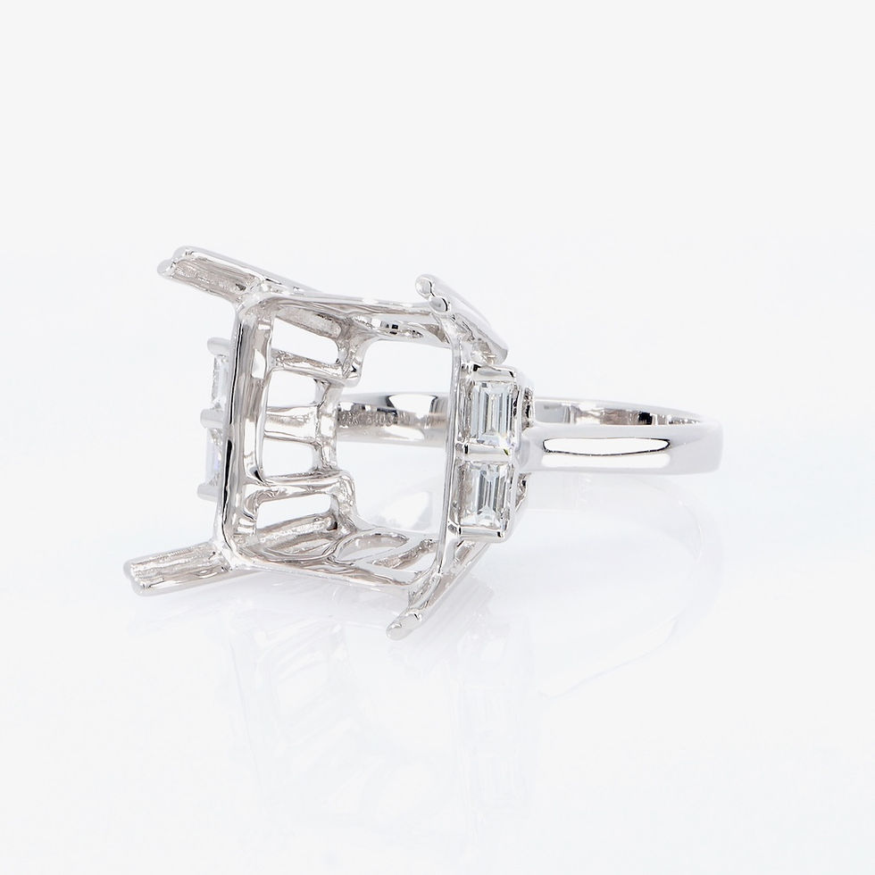 Thumbnail: Bold Art Deco diamond engagement ring setting with baguette accents and a diamond band in gold.