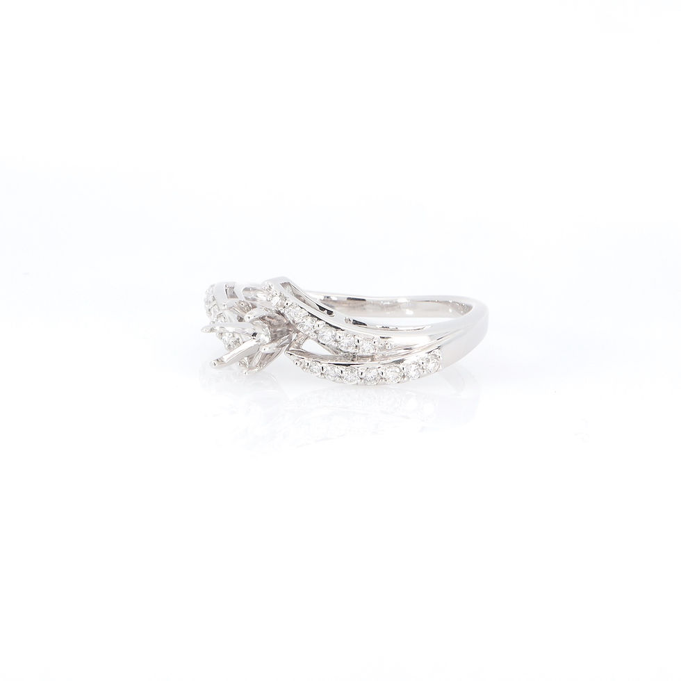 Thumbnail: Round solitaire semi-mount bypass ring in fine gold with pavé diamond arms.