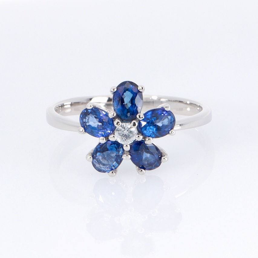 Gold sapphire diamond flower ring wholesale fine jewelry blue gemstone floral design engagement ring