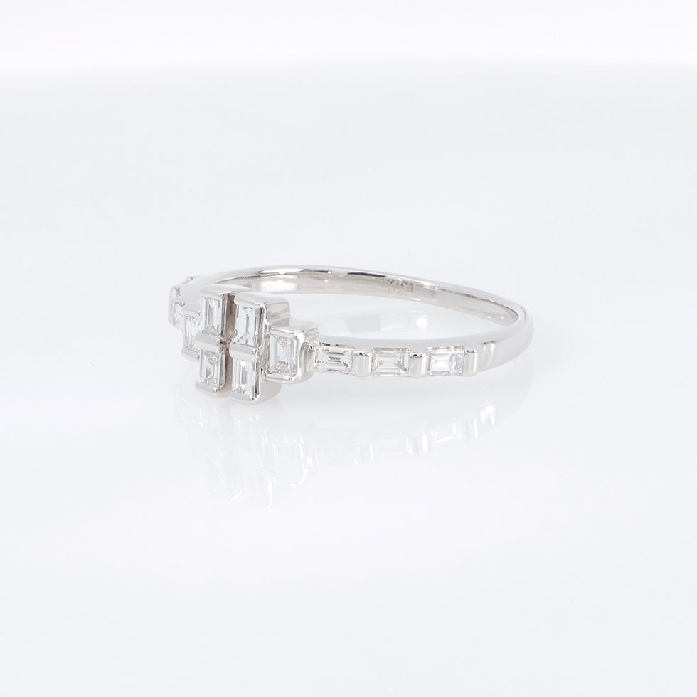 Thumbnail: Modern geometric diamond ring with a plus-shaped baguette diamond cluster in fine gold.
