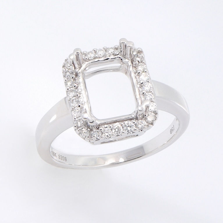Emerald-cut halo diamond engagement ring setting with a classic fine gold band.