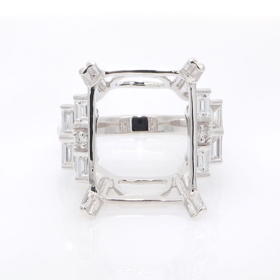 Bold Art Deco engagement ring setting with wide mixed-cut diamond shoulders in fine gold.