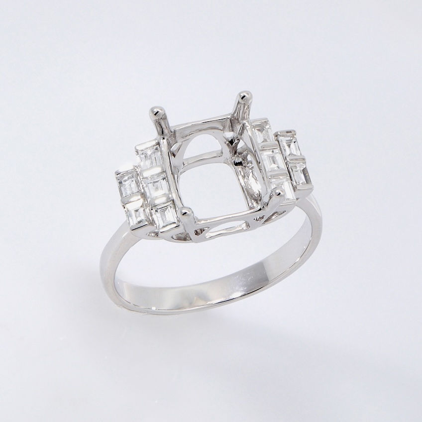 Thumbnail: Graduated baguette diamond engagement ring setting with an Art Deco design in fine gold.