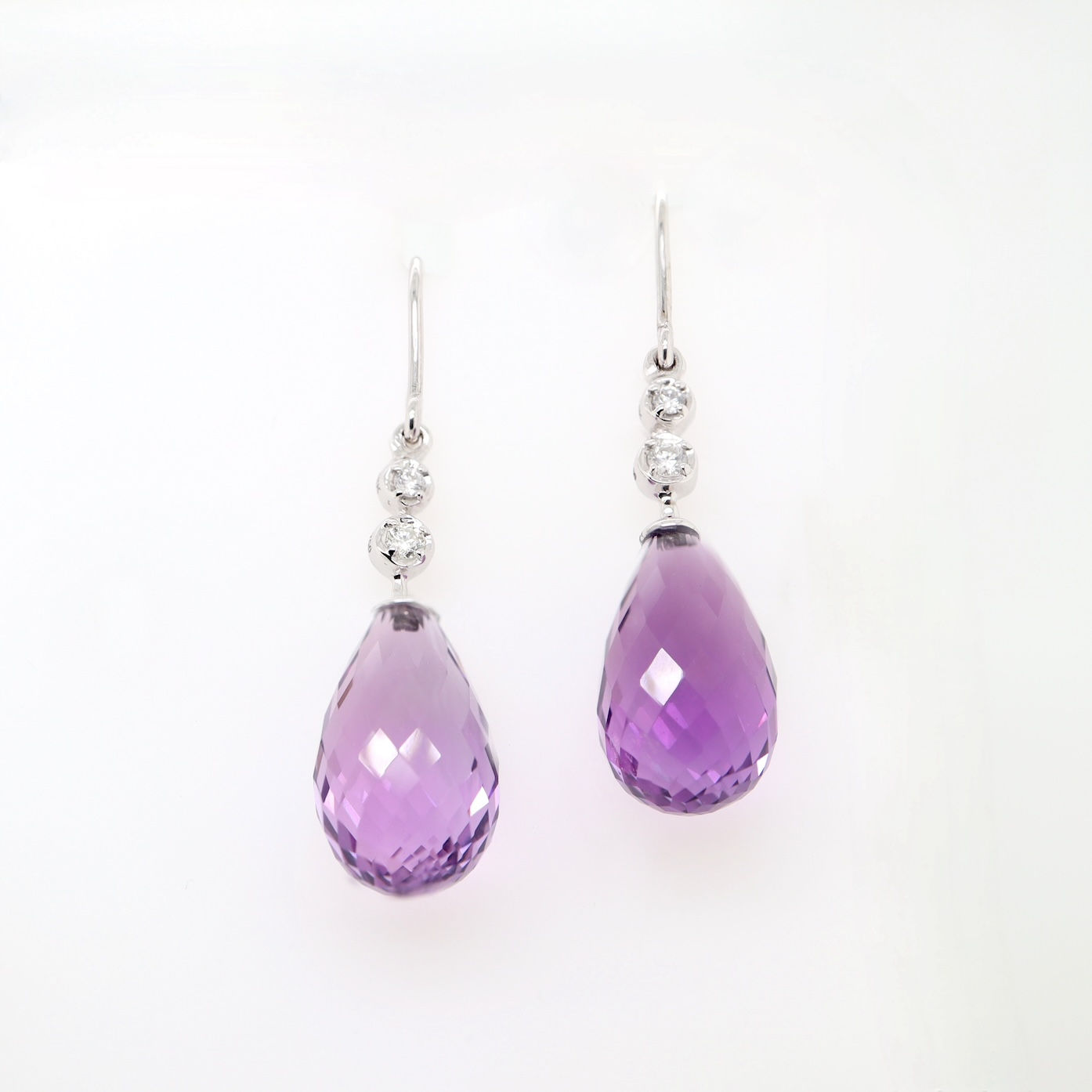 Briolette drop earrings with double diamond accent in fine gold