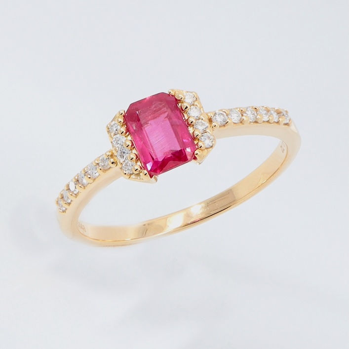 Thumbnail: Emerald-cut gemstone ring with a partial diamond halo on a pavé diamond gold band.