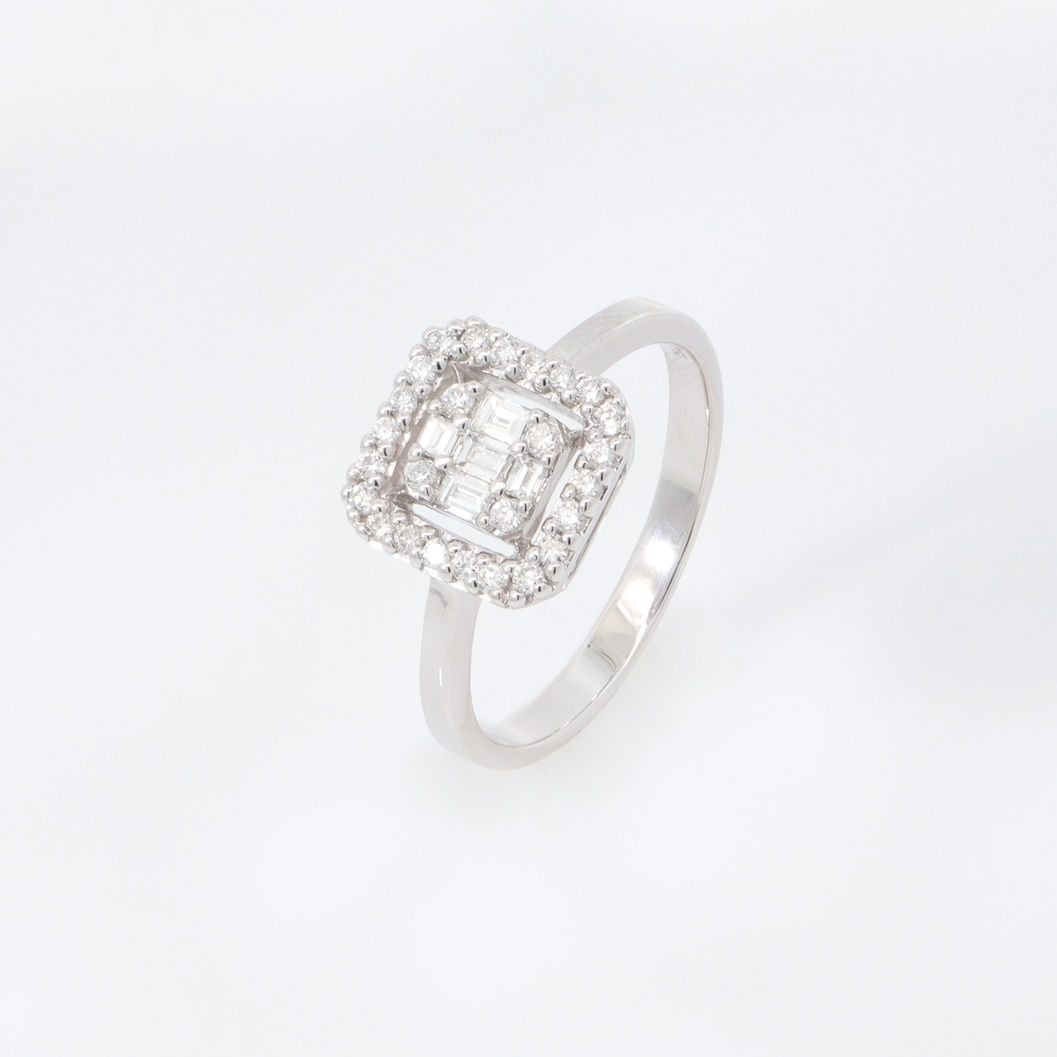 Square composite diamond ring with baguette diamonds and a brilliant halo in a fine gold setting.
