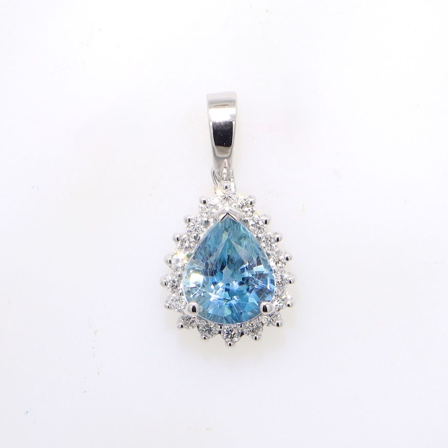 Blue topaz teardrop pendant with diamond halo in gold semi-mounting - premium wholesale gemstone jewelry