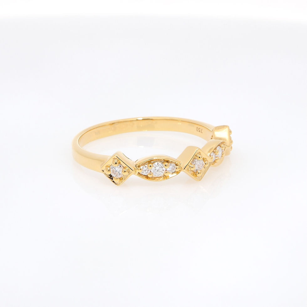 Geometric diamond ring band with round diamonds set in marquise and square shapes in gold.