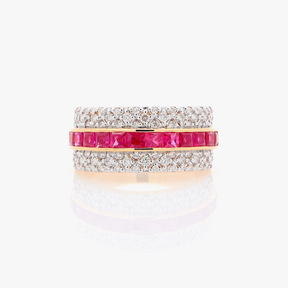 Thumbnail: Wide gemstone and diamond band with a channel-set gemstone row and pavé diamond rows in gold.