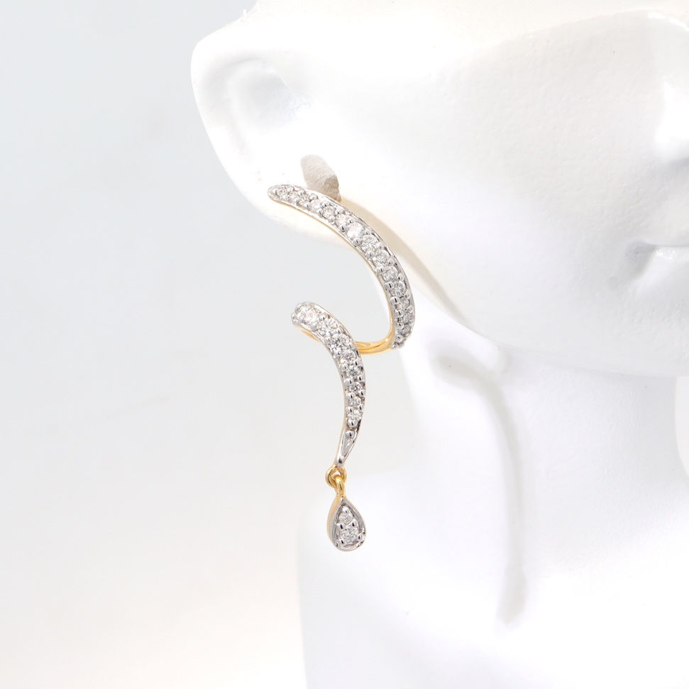 Curved pavé diamond ear climber earrings with pear drop in fine gold