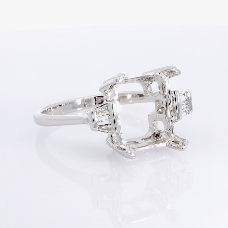 Thumbnail: Baguette diamond ring setting with geometric side clusters in an Art Deco inspired fine gold design.