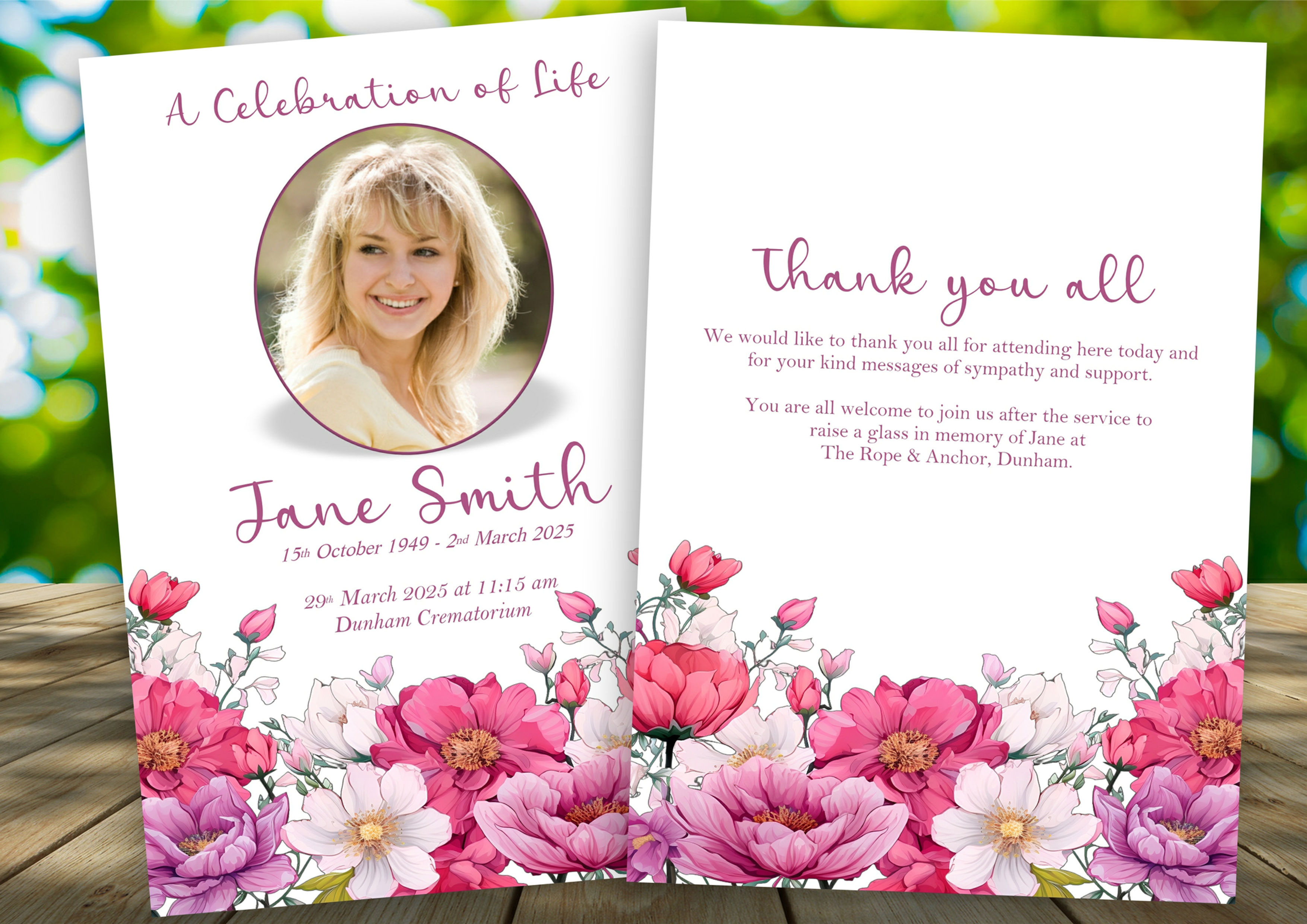 Pink Flower Garden Funeral Order of Service