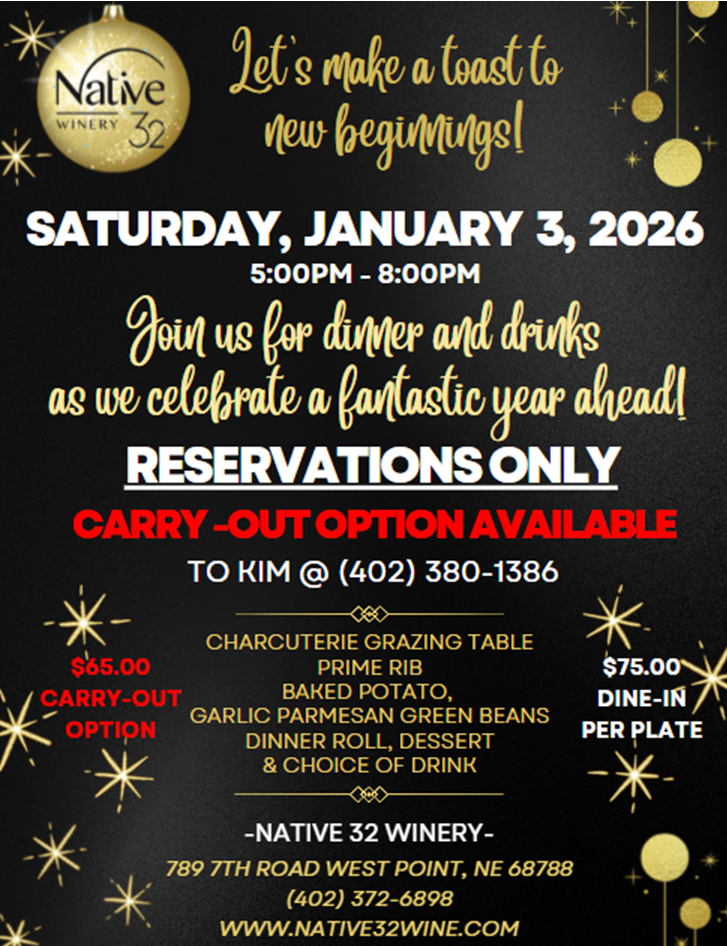 Native 32 Winery **UPDATED Prime Rib Celebration Dinner** Dine-In or Carry-Out **January 3rd**