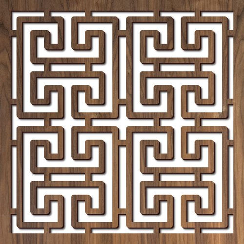 "Mild steel geometric laser-cut panel for front gate infill"