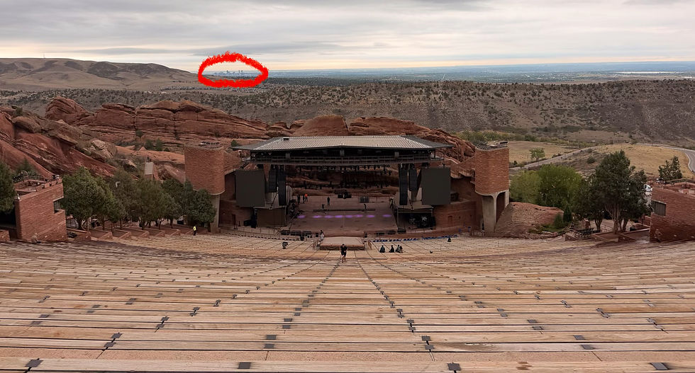 Red Rocks Amphitheatre is built so cleverly into the rocks that it was invisible until you walked into it! I was surprised to learn that it opened in 1941. Downtown Denver is circled in the background.