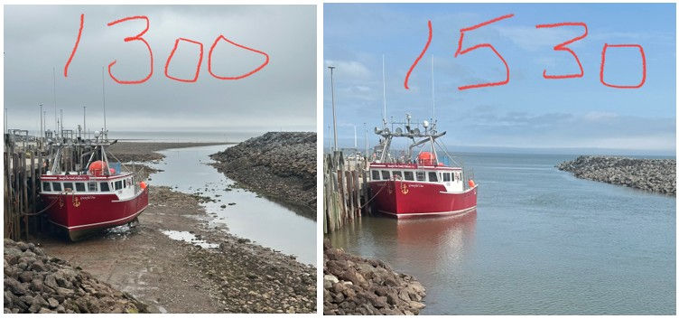 We had food & drink at an outside bar and watched the tide lift several lobster boats. This picture shows the same boat at 1:00pm and 3:30pm. It was interesting to figure out how they were secured so the ropes were long enough for low tide and short enough for high tide.