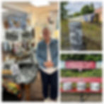 montage of 3 images. Person in shop, 3 lampshades by a train & 3 lampshades on a bench