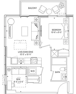 Q Tower Toronto 1 Bedroom + Den Floor Plan – 558 Sq.Ft. with 72 Sq.Ft. Balcony, designed for urban efficiency and comfort
