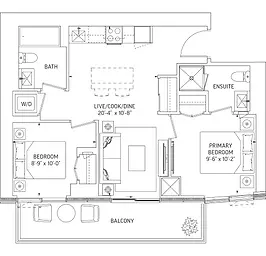 Q Tower 2 Bedroom Condo Floor Plan – 668 Sq.Ft. with 76 Sq.Ft. Balcony, offering efficient layouts and stunning views