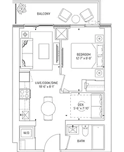Q Tower 1 Bedroom + Den Floor Plan – 470 Sq.Ft. with 71 Sq.Ft. Balcony, offering smart space utilization in a luxury setting